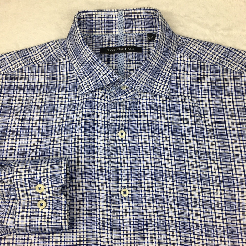 Hammermade Shirt Mens 16 (41) Blue Plaid Slim Fit Wrinkle Resistant Long Sleeves